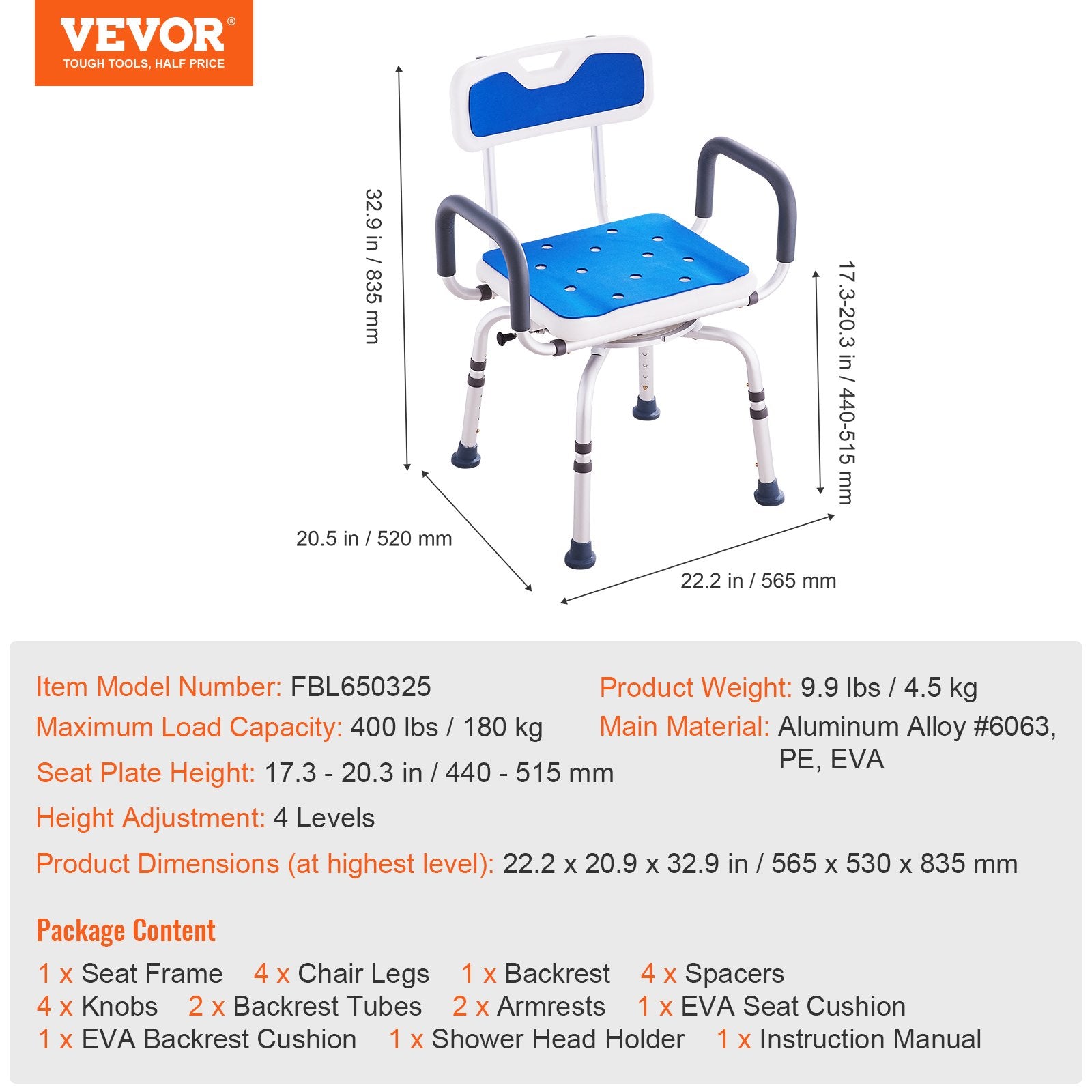 Pasukama dušo kėdė VEVOR FBL650325, 180 kg apkrova