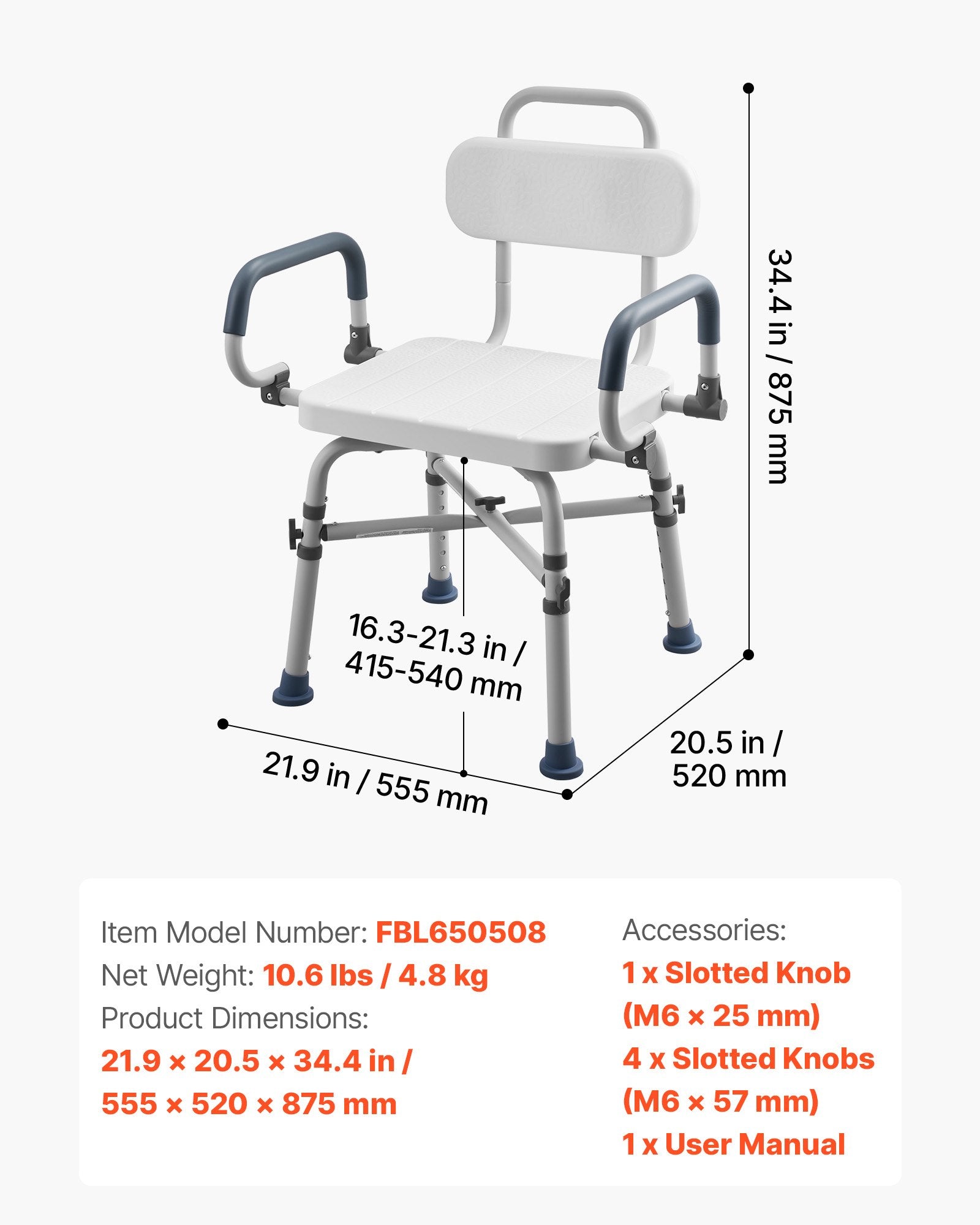 Pasukama dušo kėdė VEVOR FBL650508, 227 kg apkrova