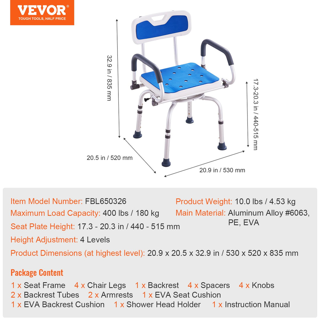 Pasukama dušo kėdė VEVOR FBL650326, 180 kg keliamoji galia