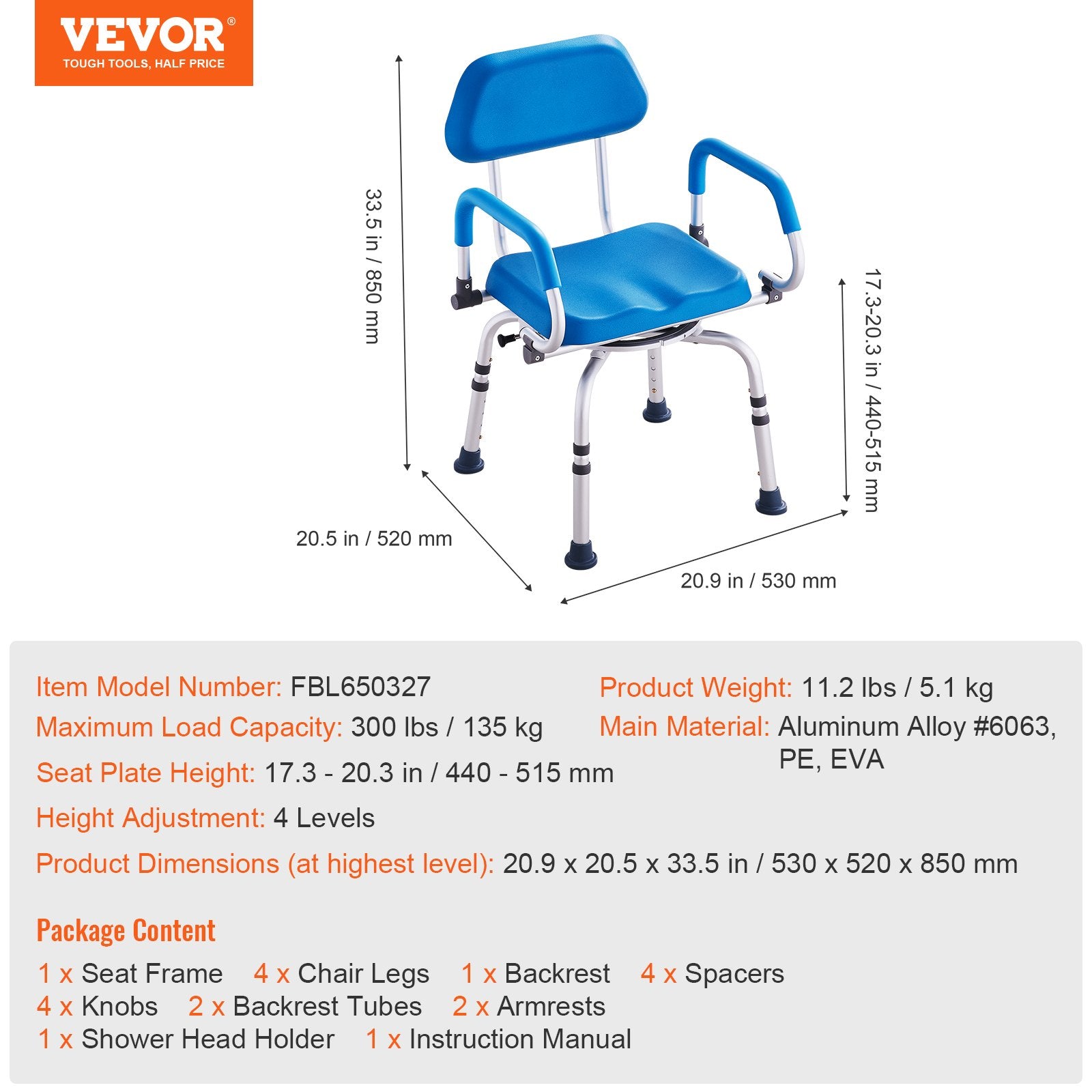 Dušo kėdė VEVOR FBL650327, 360° besisukanti