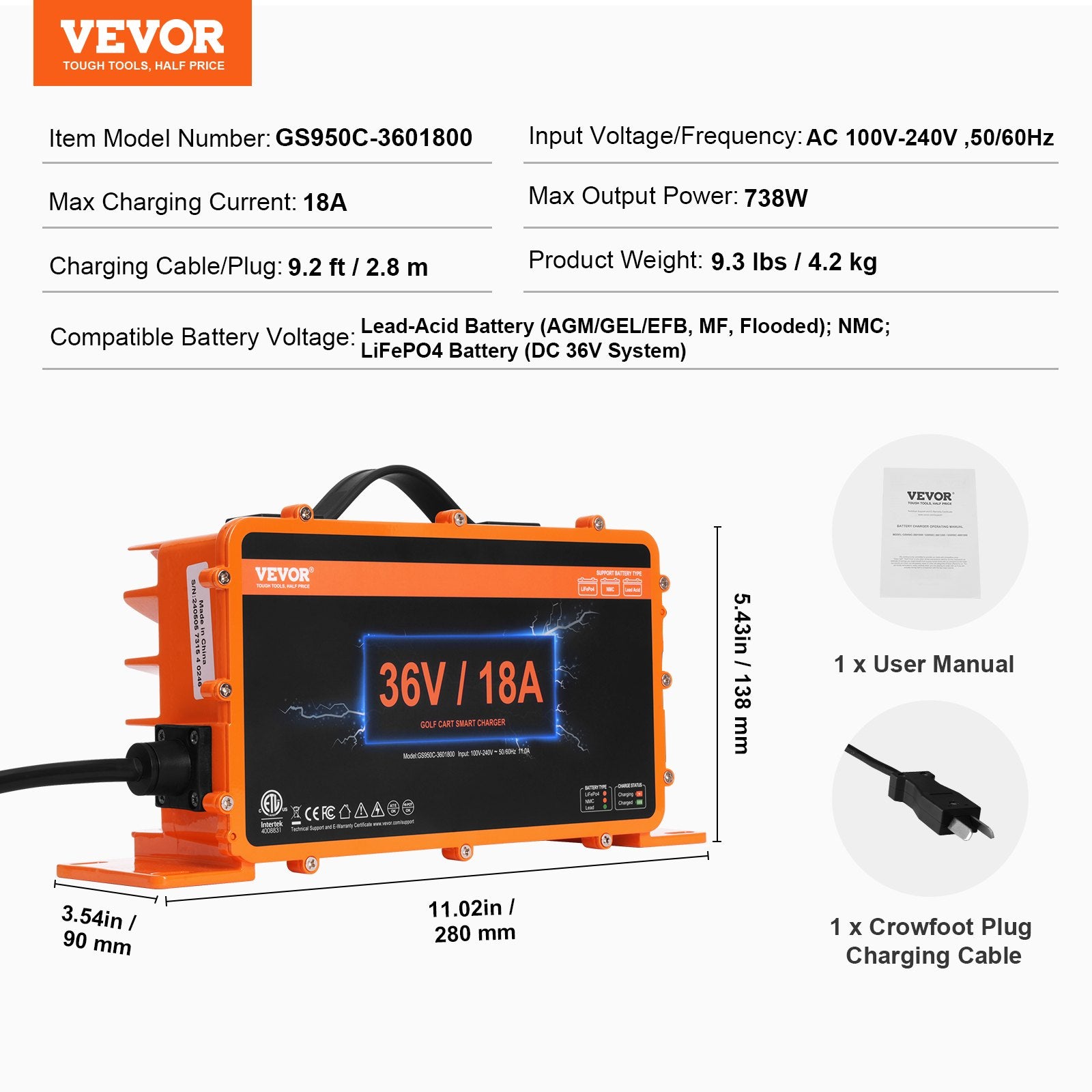Golfo vežimėlio akumuliatorių įkroviklis VEVOR GS950C-3601800, 36V 18A