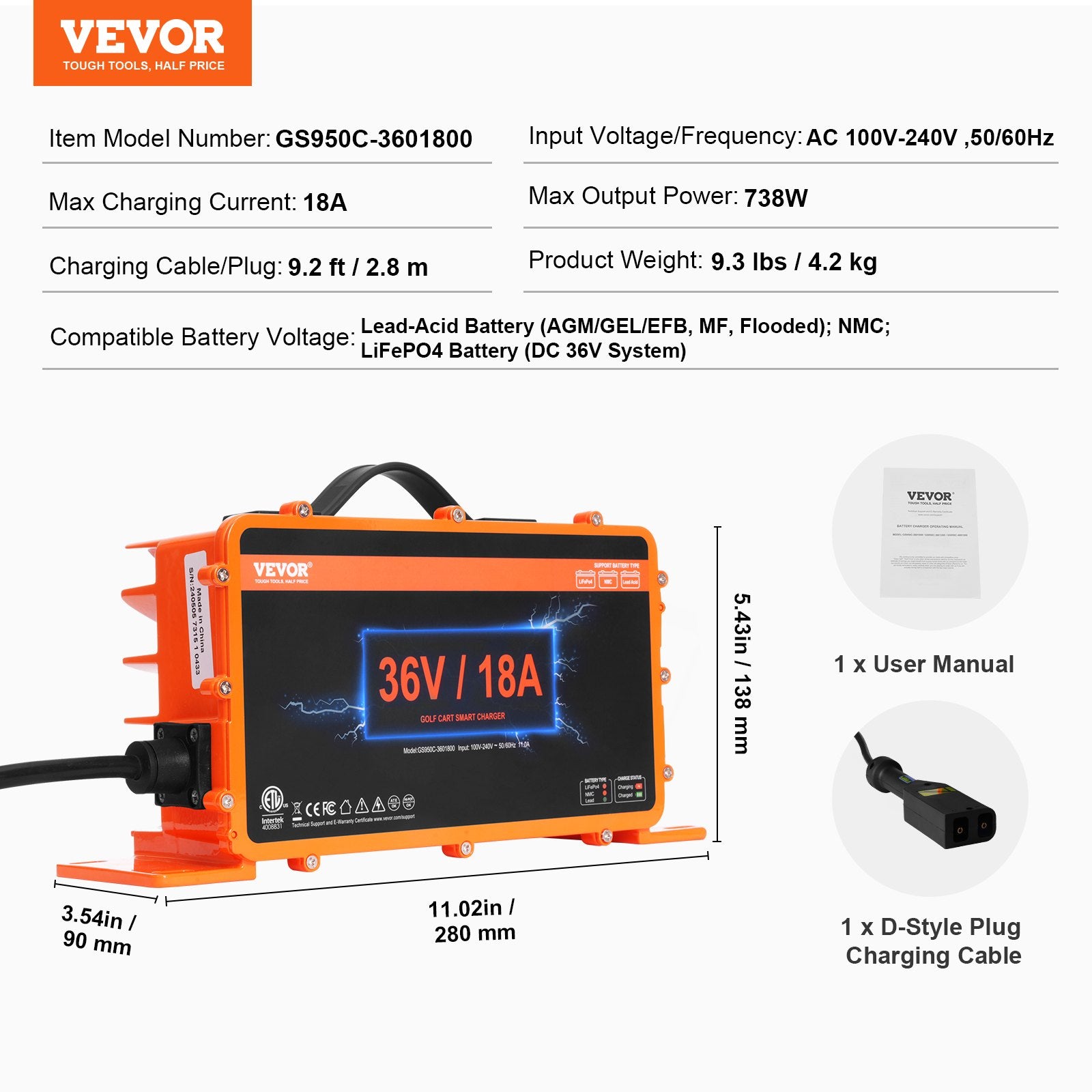 Golfo vežimėlio akumuliatorių įkroviklis VEVOR GS950C-3601800, 36V 18A