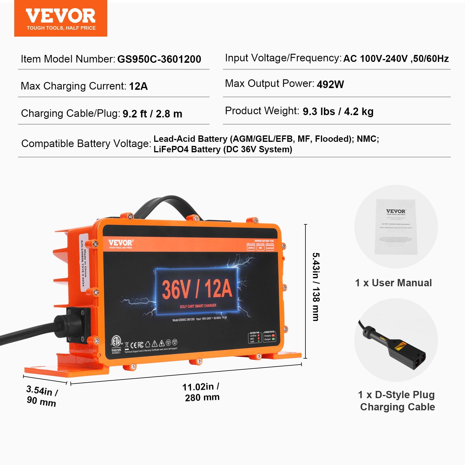 Golfo vežimėlio akumuliatorių įkroviklis VEVOR GS950C-3601200, 36V 12A