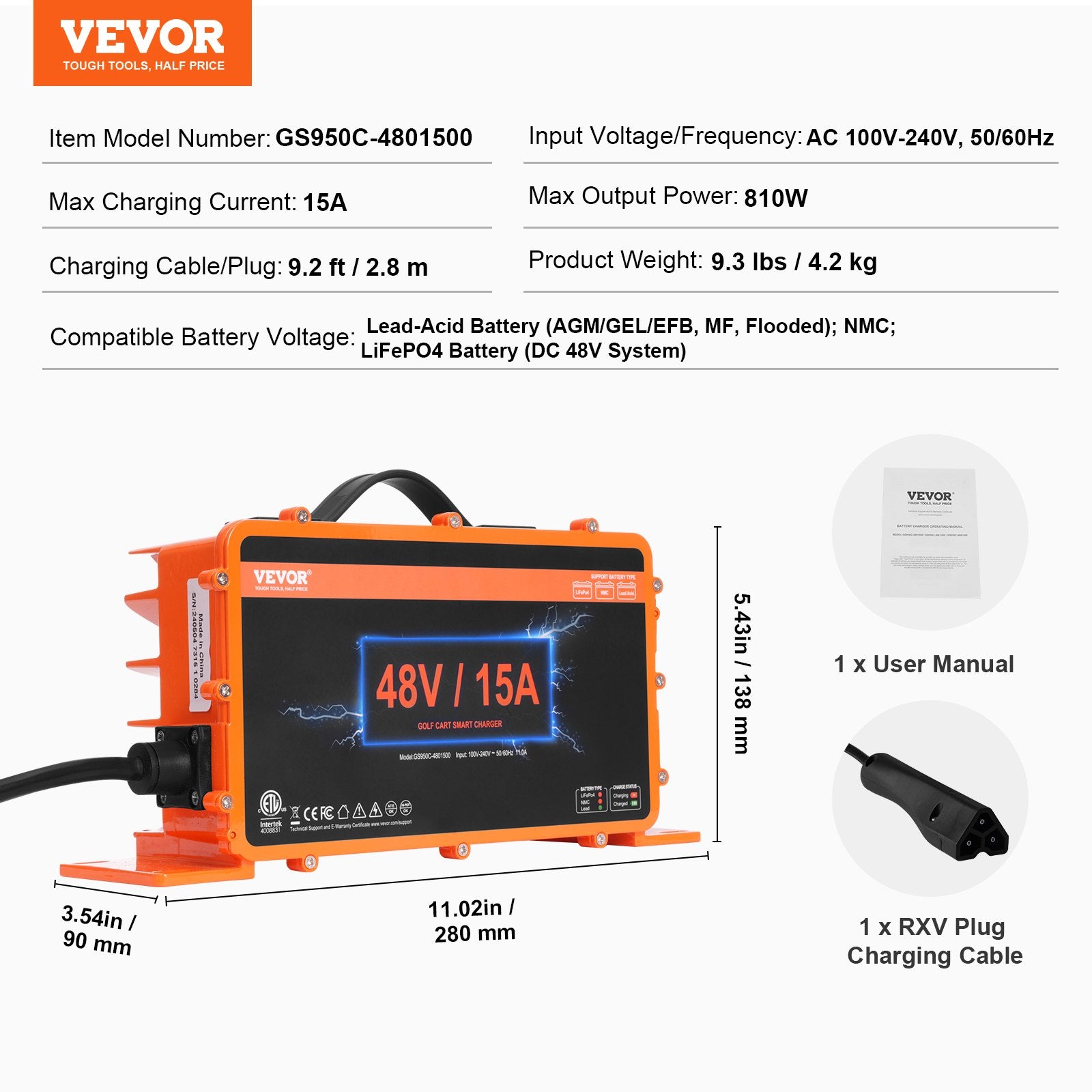 Golfo vežimėlio akumuliatorių įkroviklis VEVOR GS950C-4801500, 48V 15A