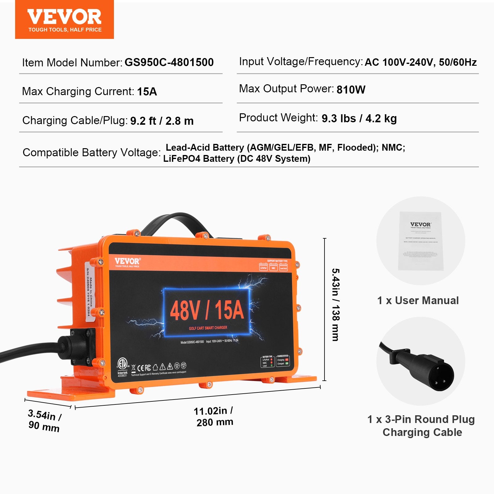 Golfo vežimėlio akumuliatorių įkroviklis VEVOR GS950C-4801500, 48V 15A