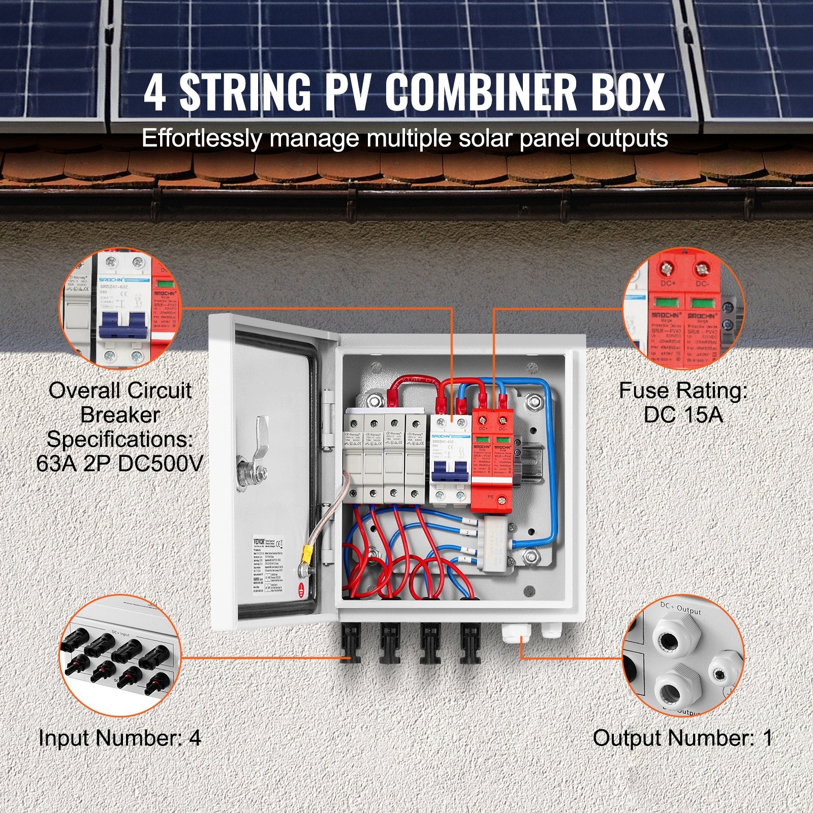 Saulės elektrinės sujungimo dėžutė VEVOR SP-HL-S252310-15A, 4 įvadų
