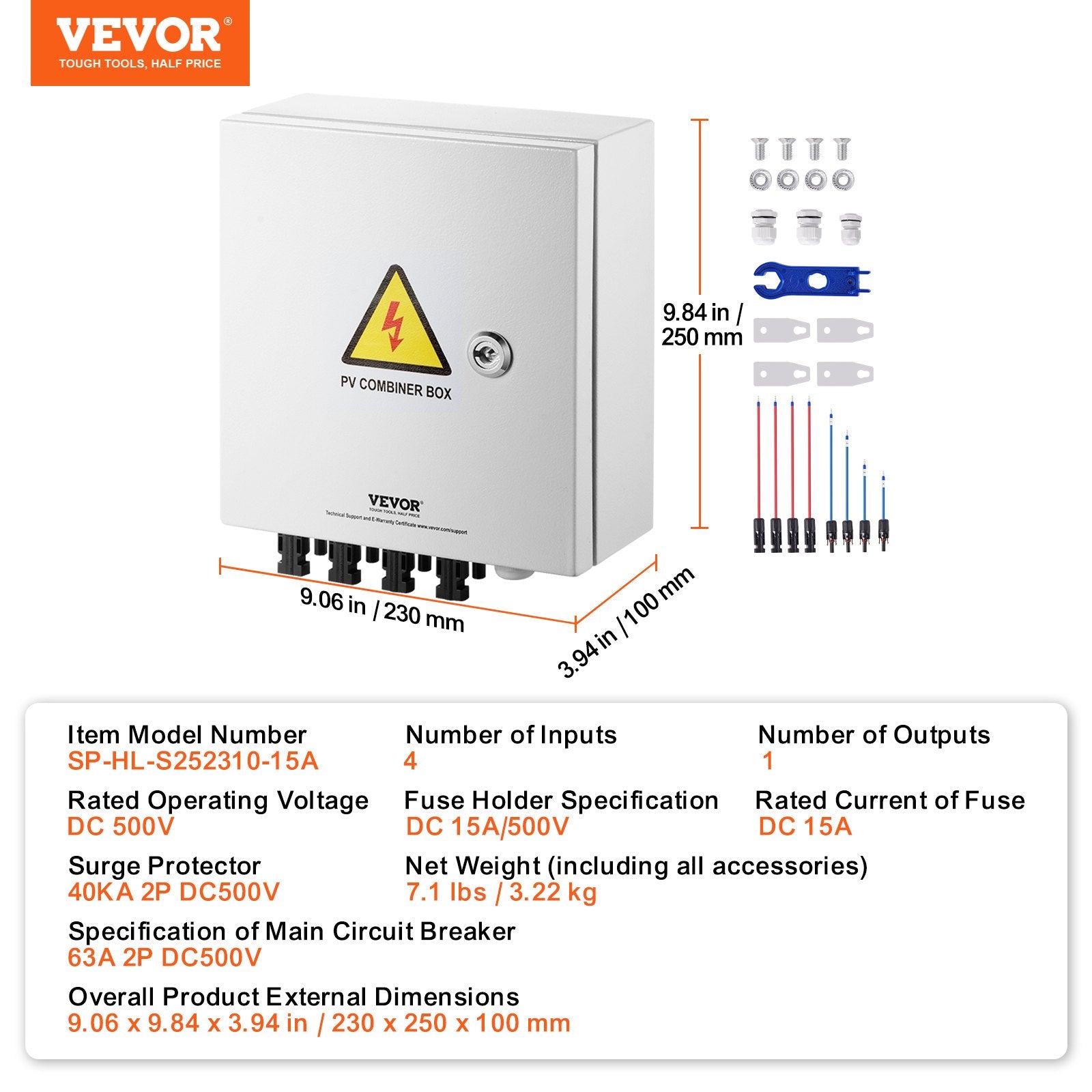 Saulės elektrinės sujungimo dėžutė VEVOR SP-HL-S252310-15A, 4 įvadų