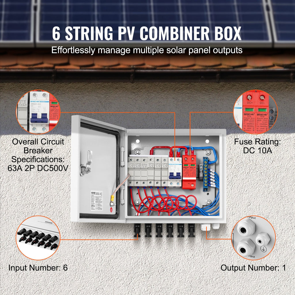 Saulės elektrinės sujungimo dėžutė VEVOR SP-HL-S252810-10A, 6 įvadų