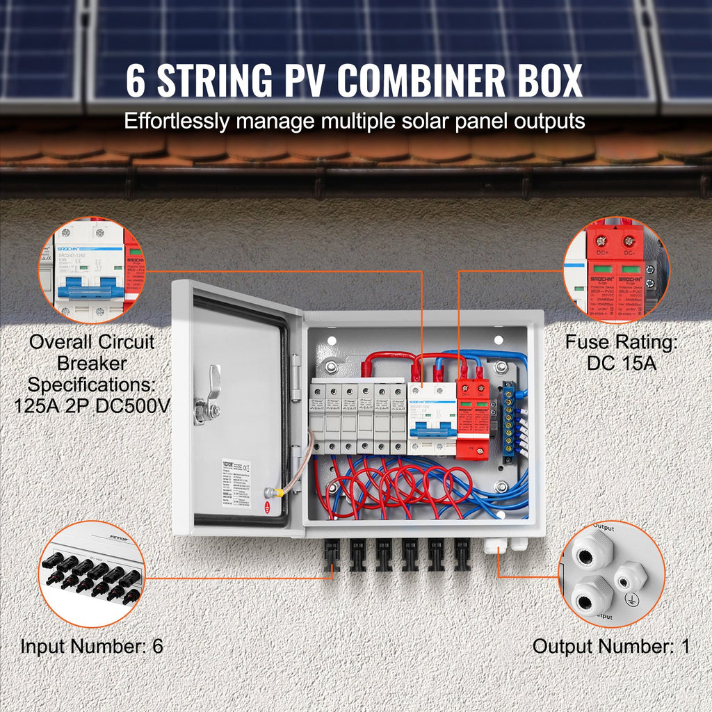 Saulės elektrinės sujungimo dėžutė VEVOR SP-HL-S252810-15A, 6 grandinių