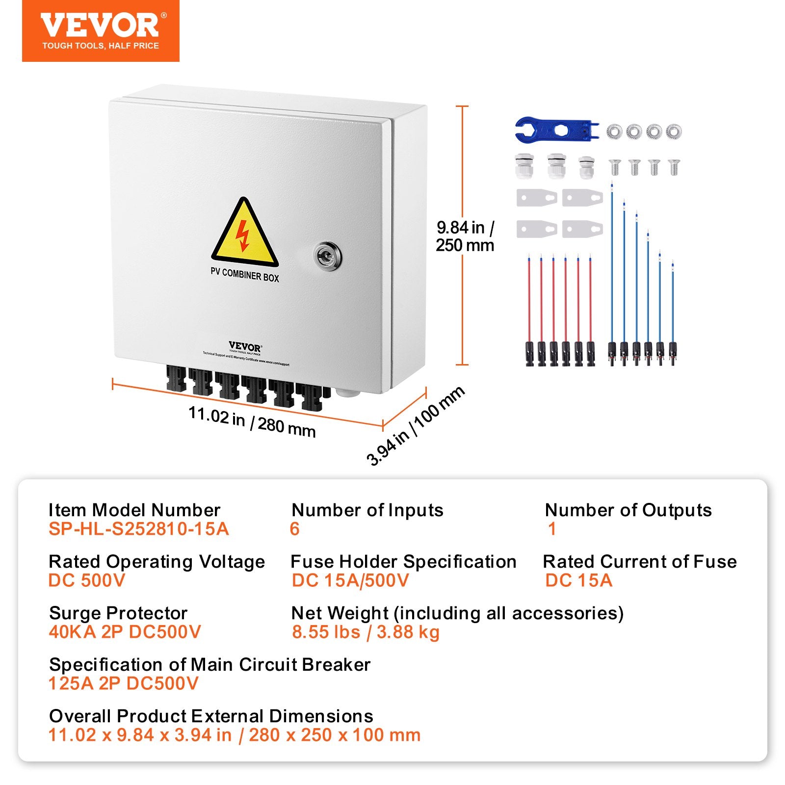 Saulės elektrinės sujungimo dėžutė VEVOR SP-HL-S252810-15A, 6 grandinių