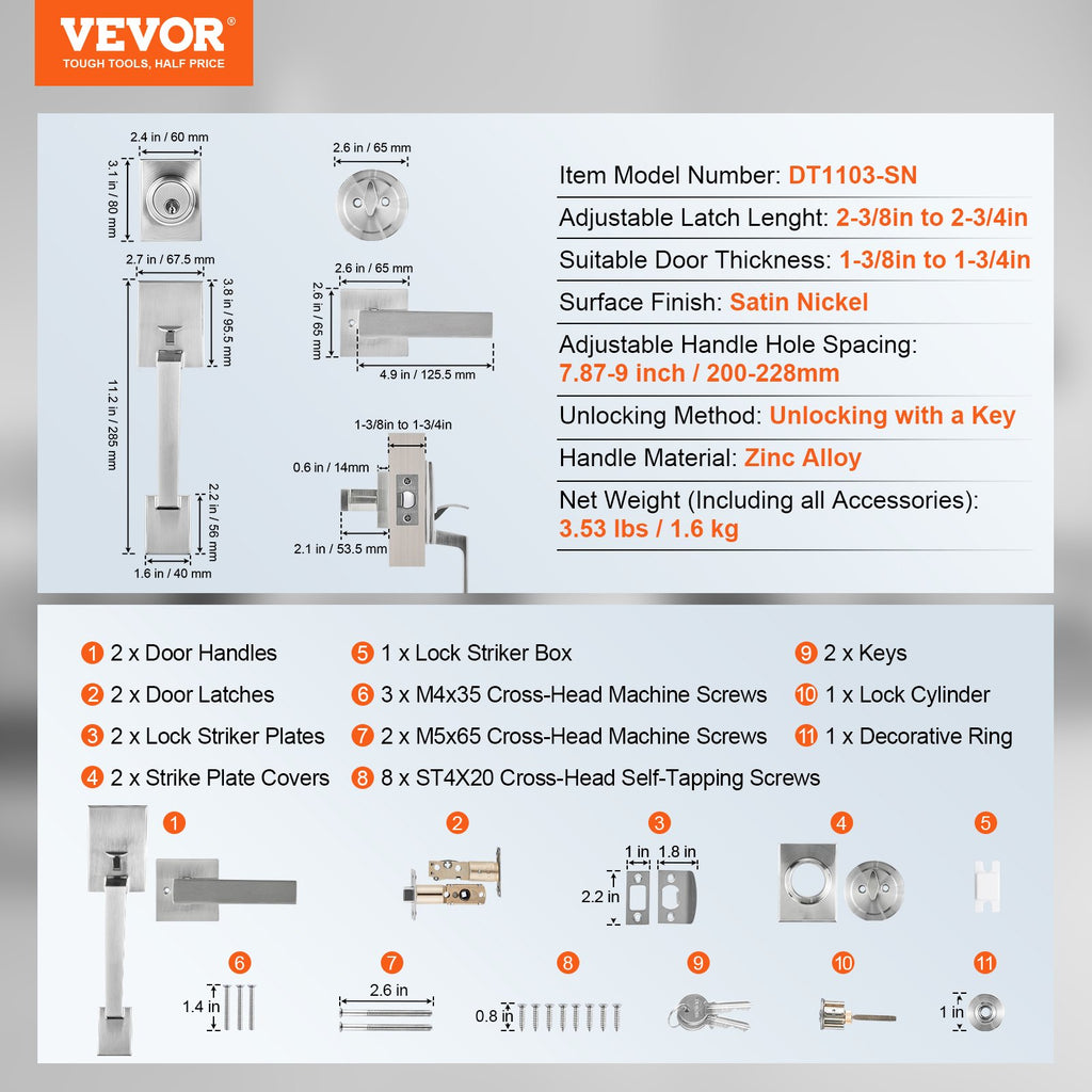 Lauko durų rankenos ir spynos komplektas VEVOR DT1103-SN, Satininis nikelis
