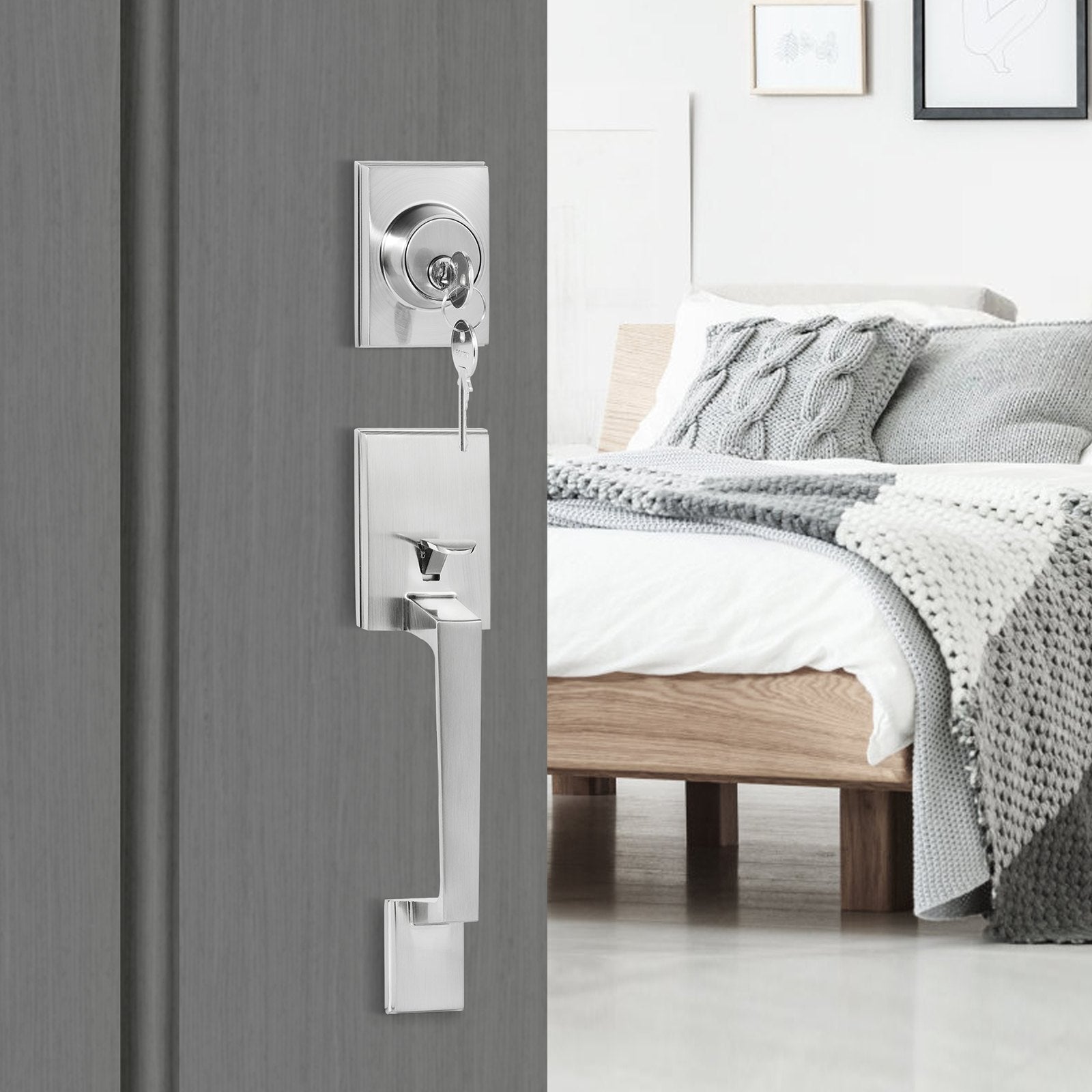 Lauko durų rankenos ir spynos komplektas VEVOR DT1103-SN, Satininis nikelis