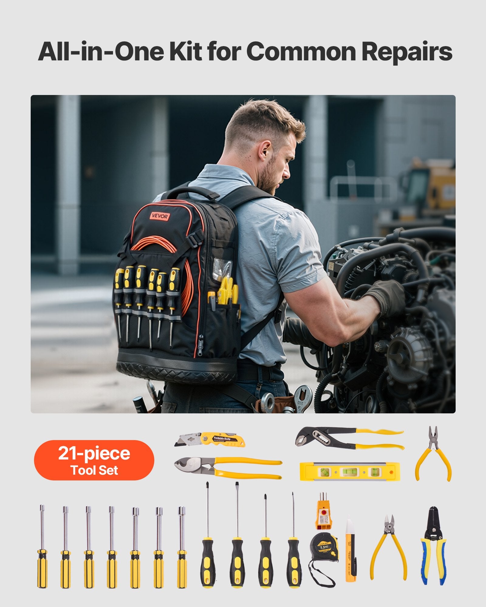 Įrankių kuprinė su įrankiais VEVOR ZL-GJD-0313, 65 kišenės