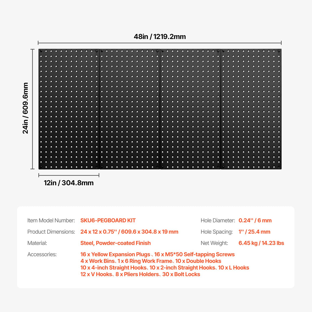 Metalinės perforuotos sienelės VEVOR SKU6-PEGBOARD KIT, 4 vnt.