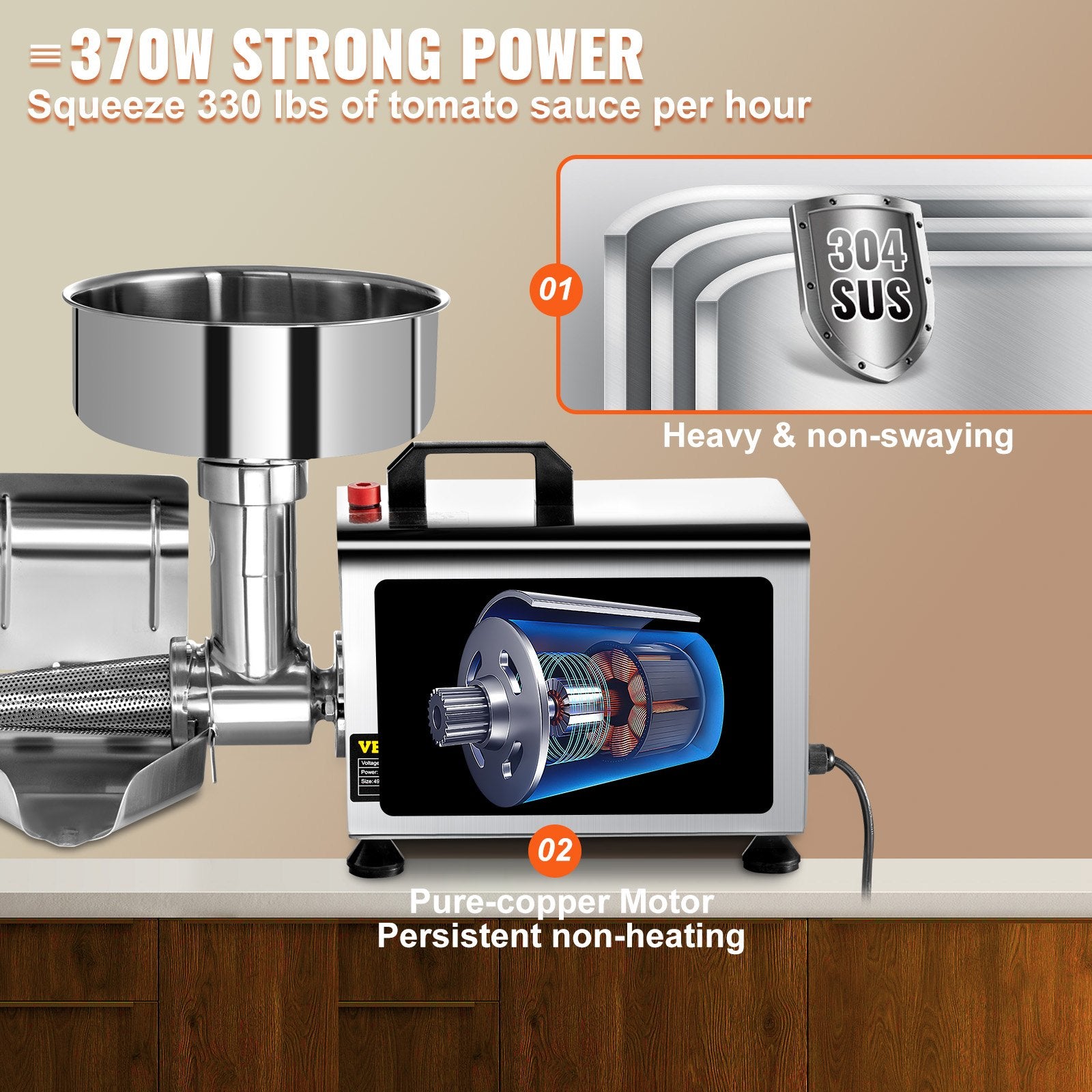 Elektrinė pomidorų trintuvė VEVOR ETC-1C, 370 W