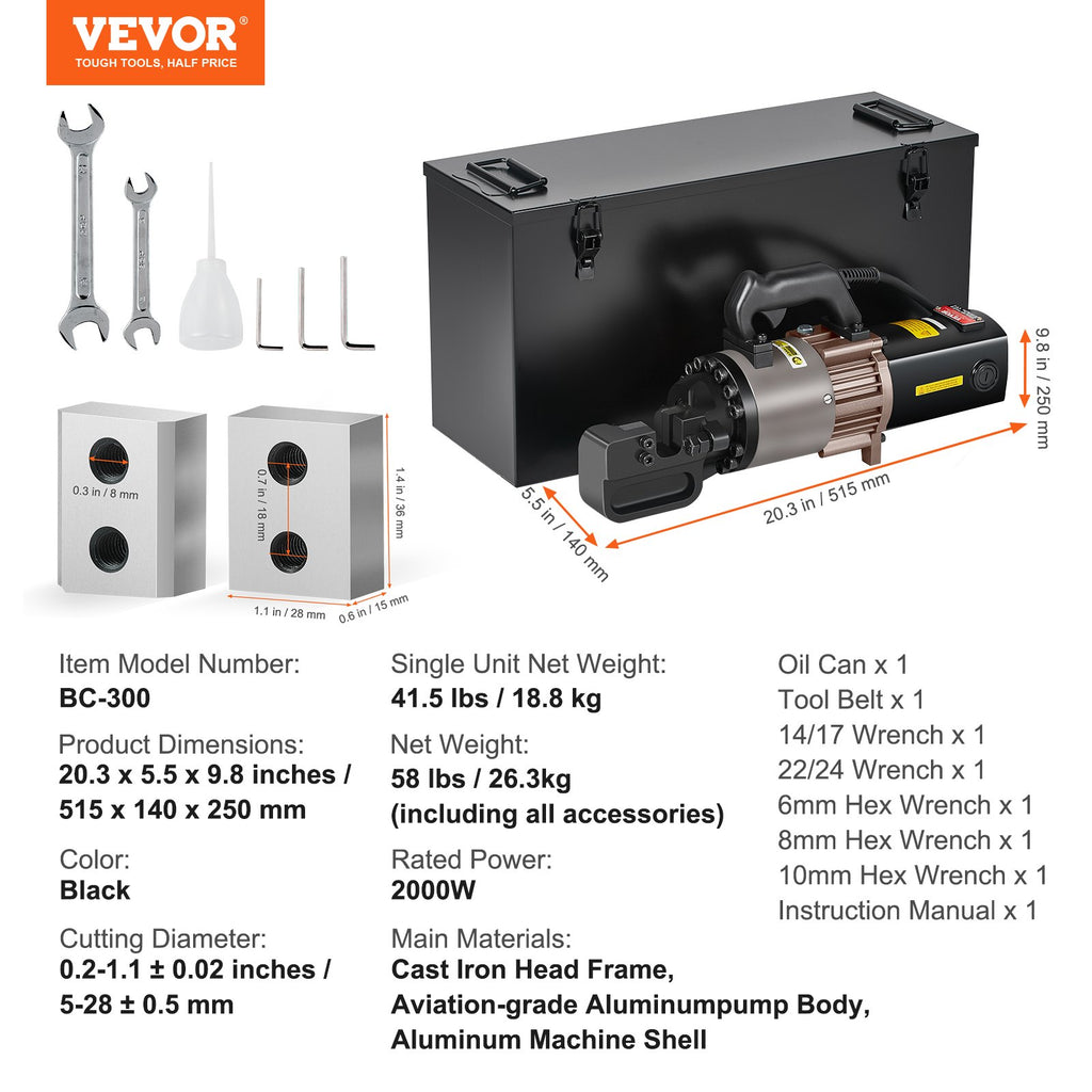 Elektrinis hidraulinis armatūros kirptuvas VEVOR BC-300, 2000W