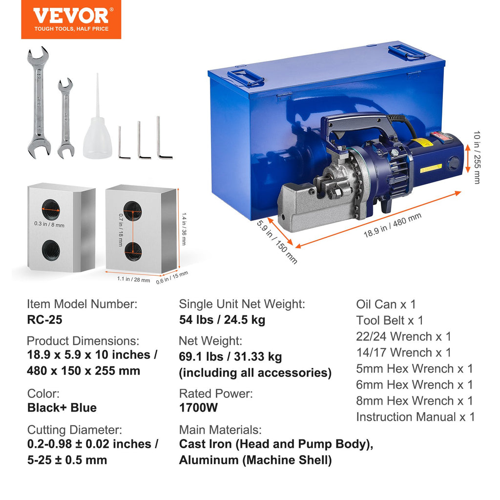 Elektrinis hidraulinis armatūros kirptuvas VEVOR RC-25, 1700W
