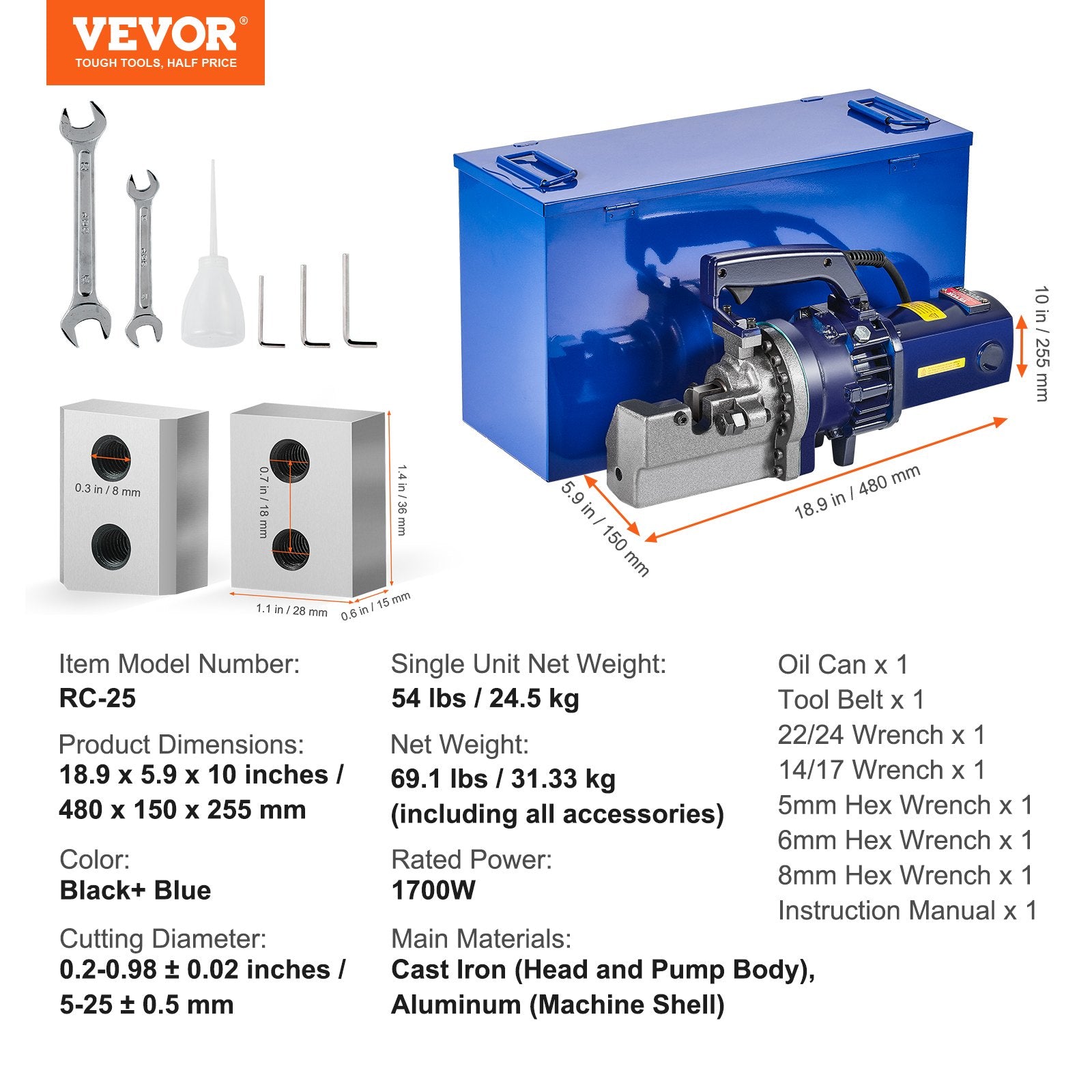 Elektrinis hidraulinis armatūros kirptuvas VEVOR RC-25, 1700W