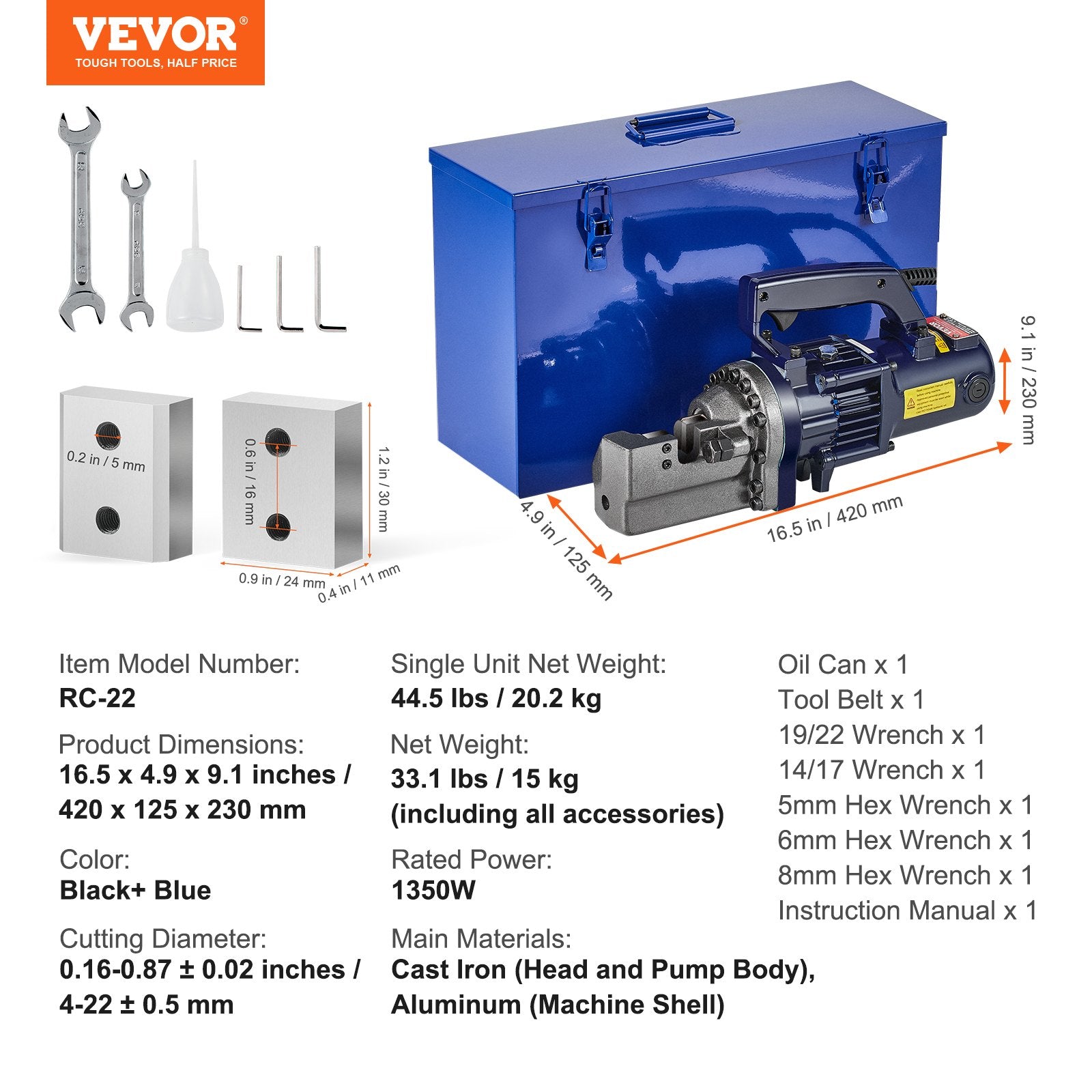 Elektrinis hidraulinis armatūros kirptuvas VEVOR RC-22, 1350 W
