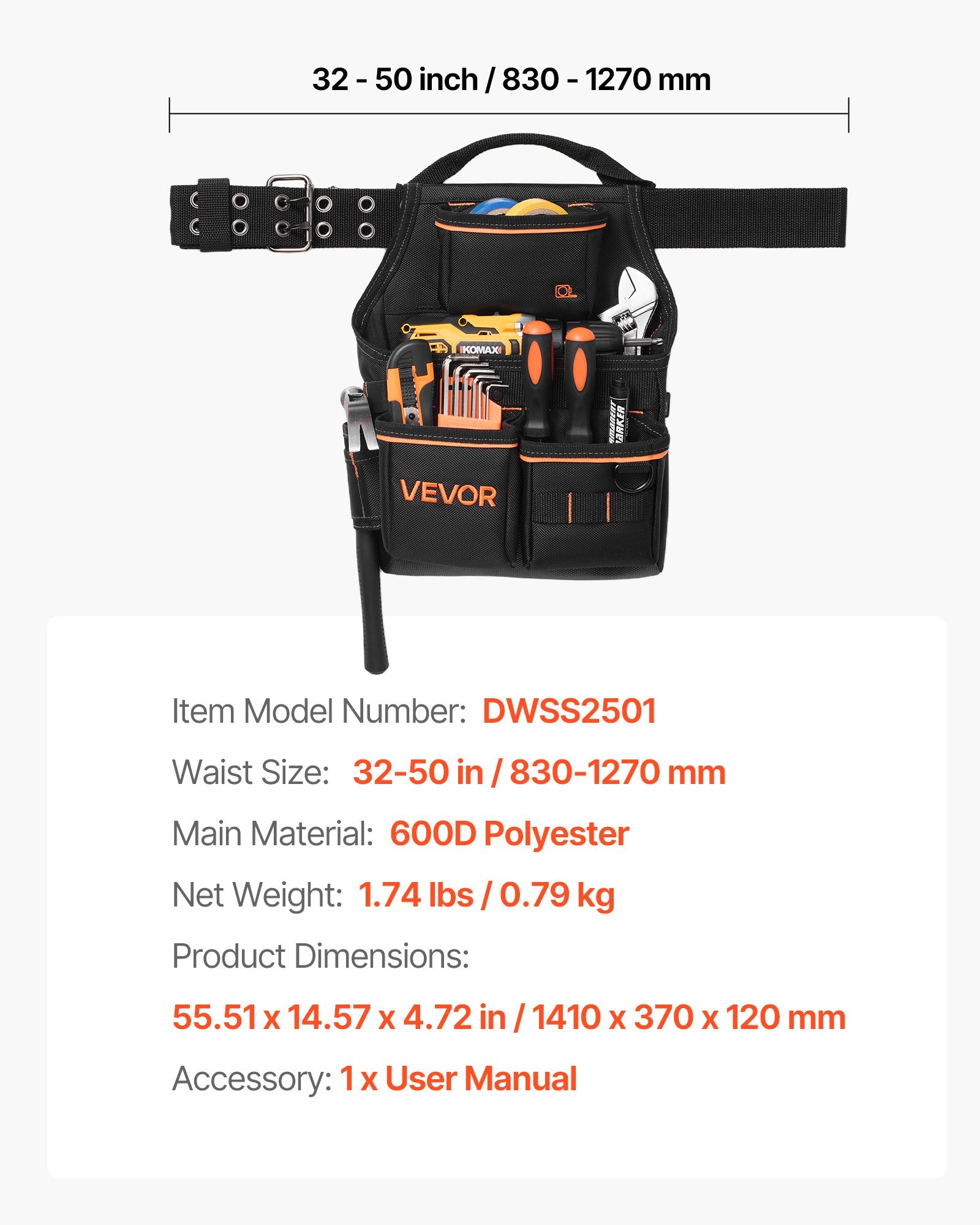 Įrankių diržas su dėklu VEVOR DWSS2501, 14 kišenių