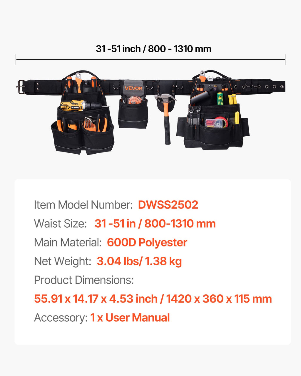 Įrankių diržas VEVOR DWSS2502, 18 kišenių