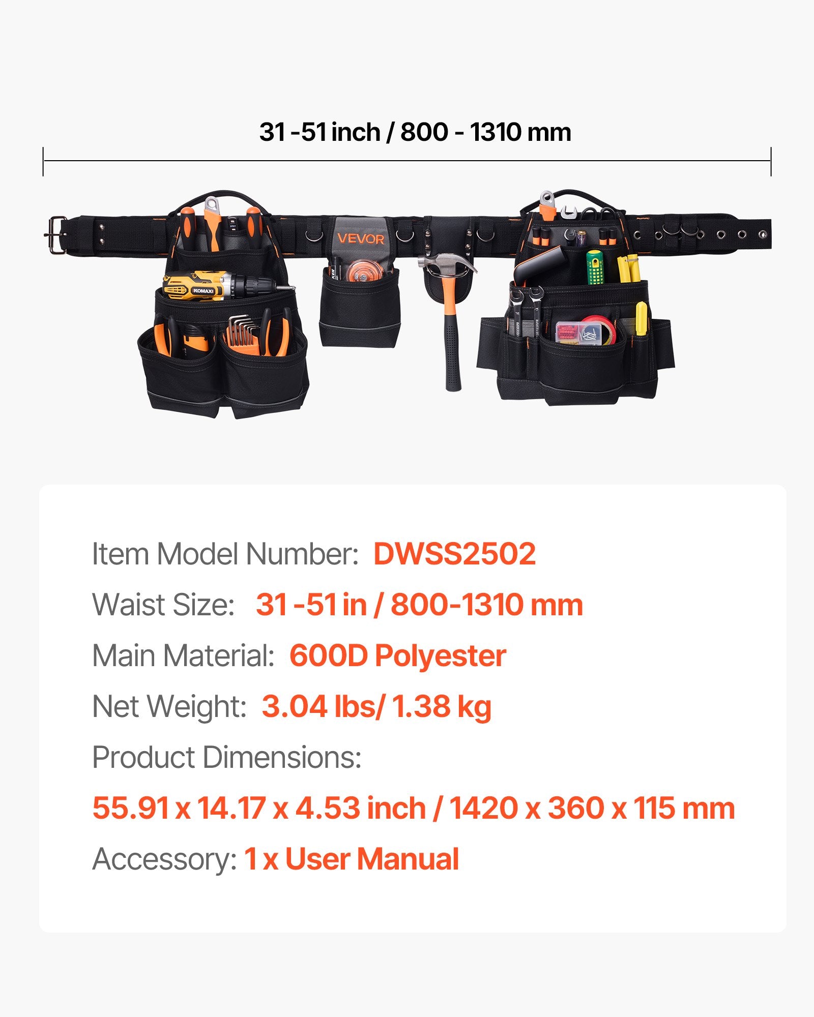 Įrankių diržas VEVOR DWSS2502, 18 kišenių