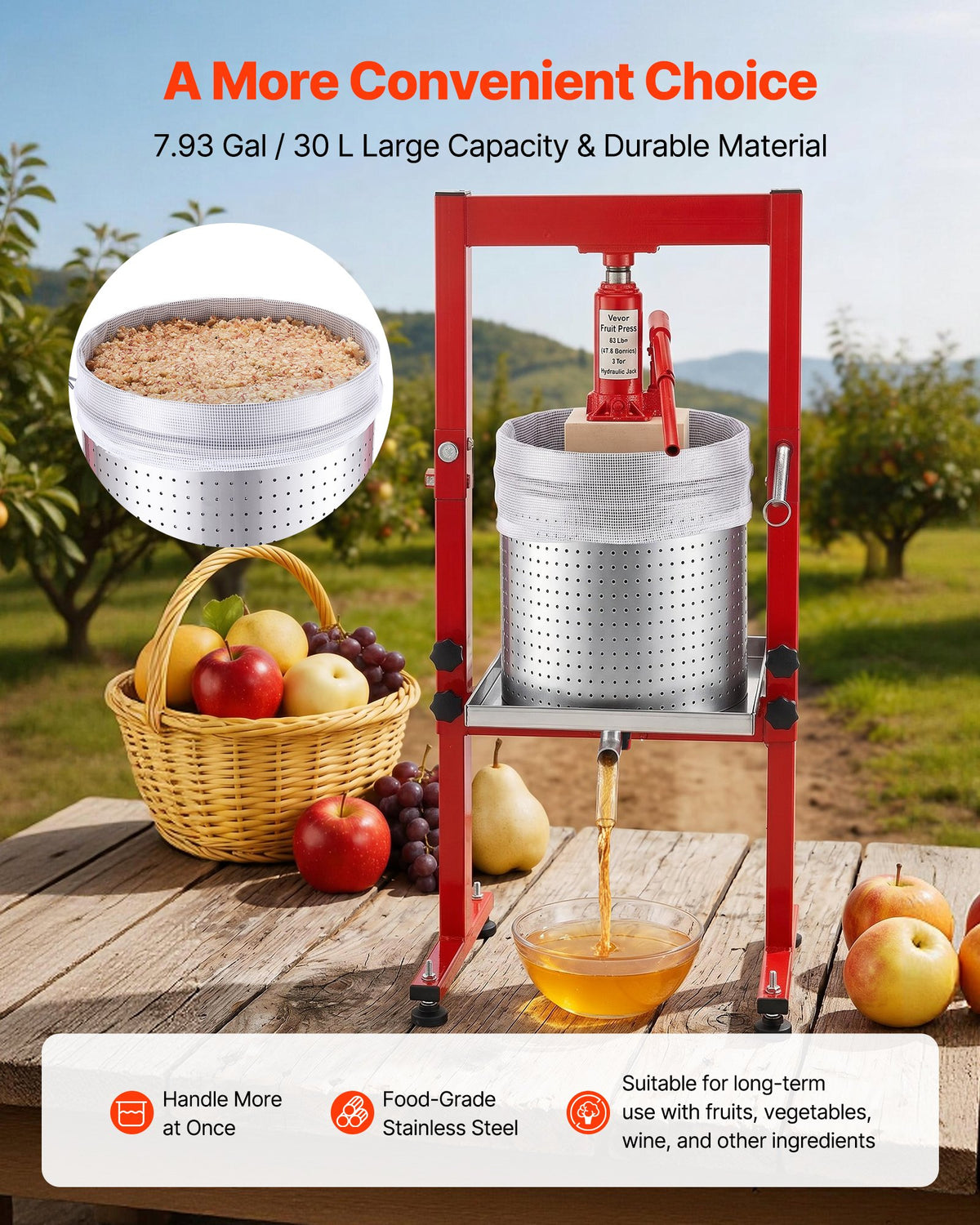 Hidraulinis vaisių ir vyno presas VEVOR LD-HFP3001, 30 l