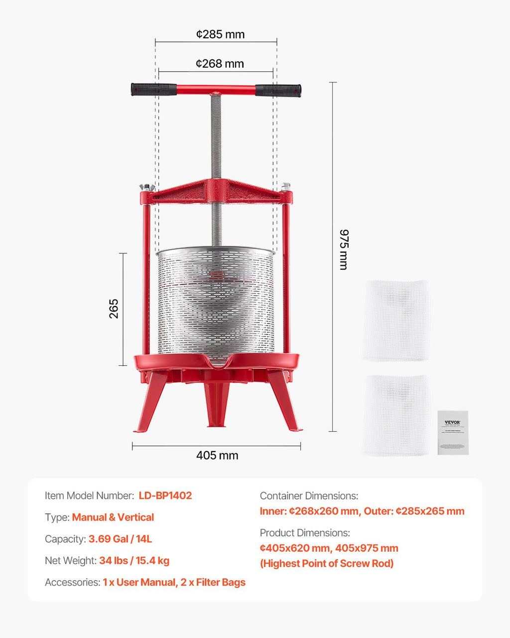 Vaisių ir vyno presas VEVOR LD-BP1402, 14 l talpos