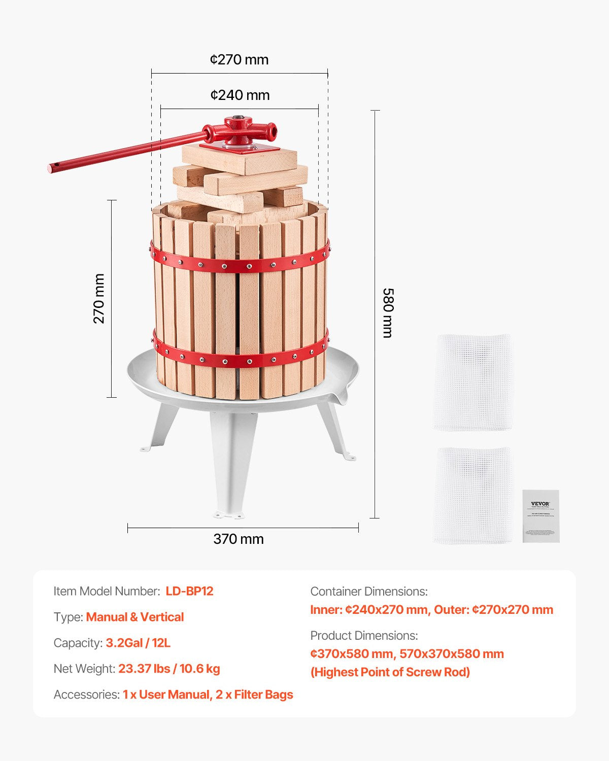 Vaisių ir vyno presas VEVOR LD-BP12, 12 l