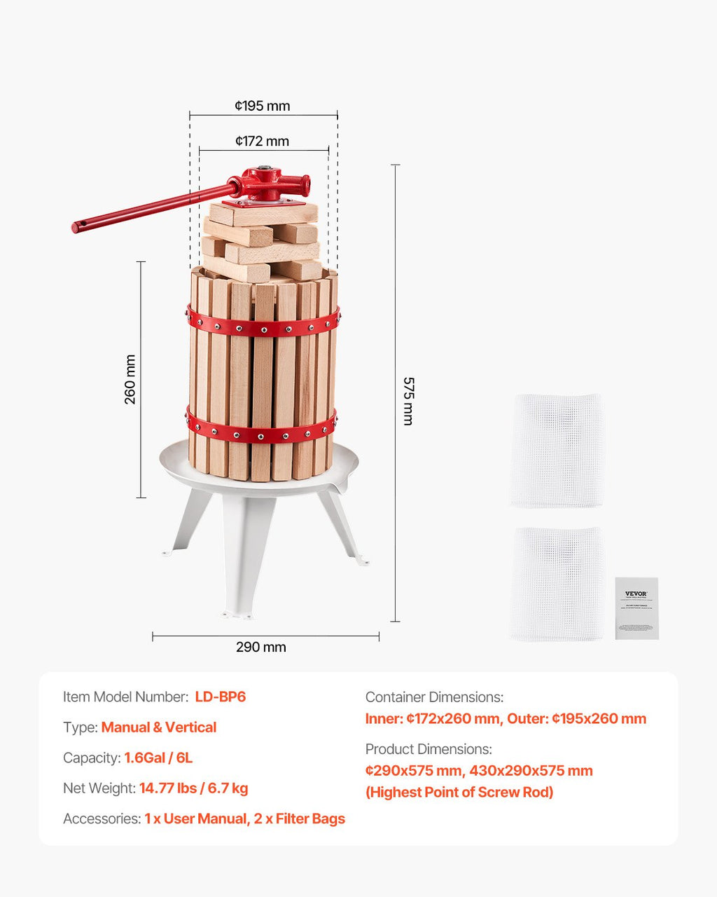 Vaisių ir vyno presas VEVOR LD-BP6, 6 l talpa