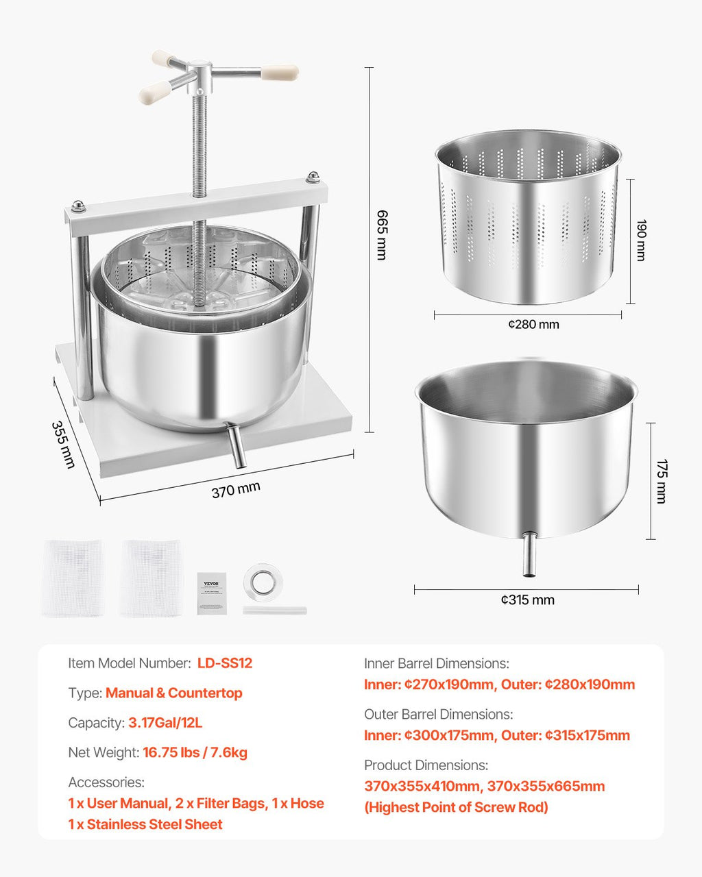Vaisių ir vyno presas VEVOR LD-SS12, 12 l talpa