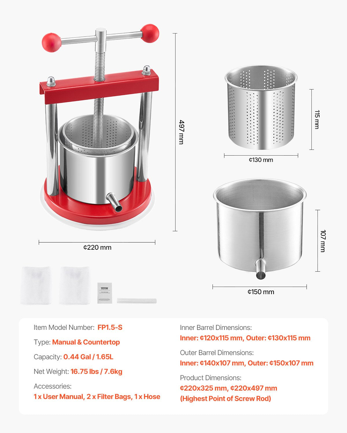 Vaisių ir vyno presas VEVOR FP1.5-S, 1,65 l talpa