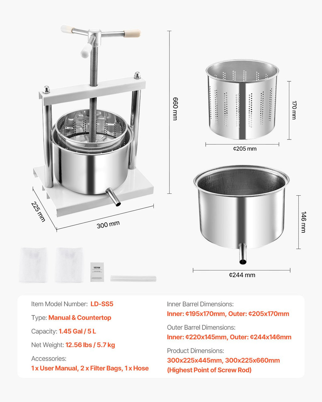 Vaisių ir vyno presas VEVOR LD-SS5, 5 l