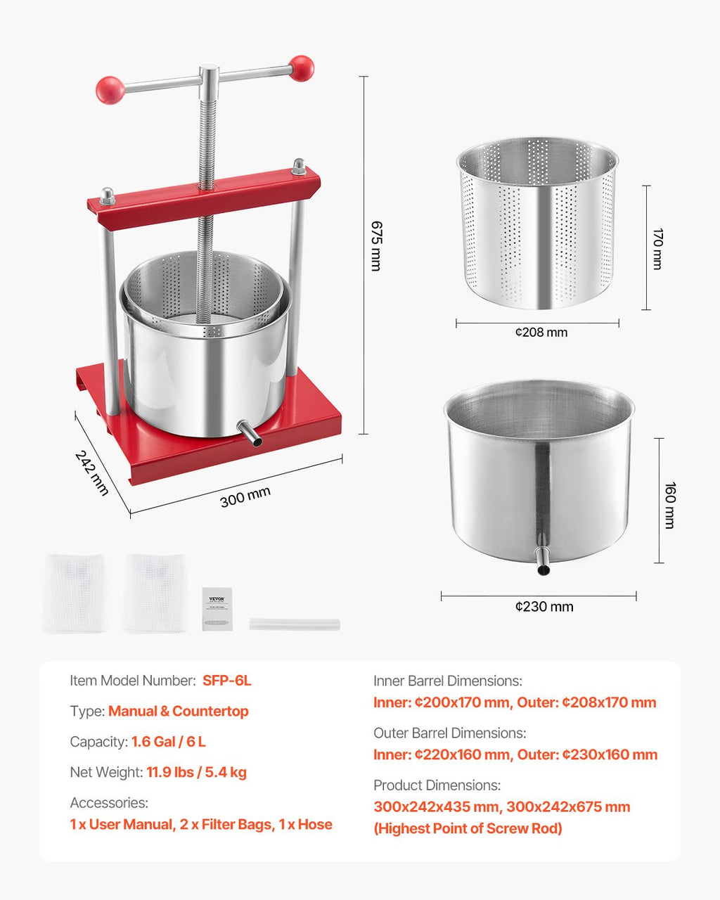 Vaisių ir vyno presas VEVOR SFP-6L, 6 l talpa