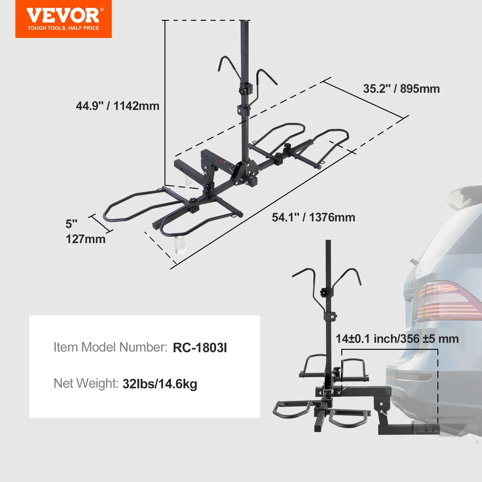 Ant kablio montuojamas dviračių laikiklis VEVOR RC-1803I, 2 dviračiams, iki 72,5 kg