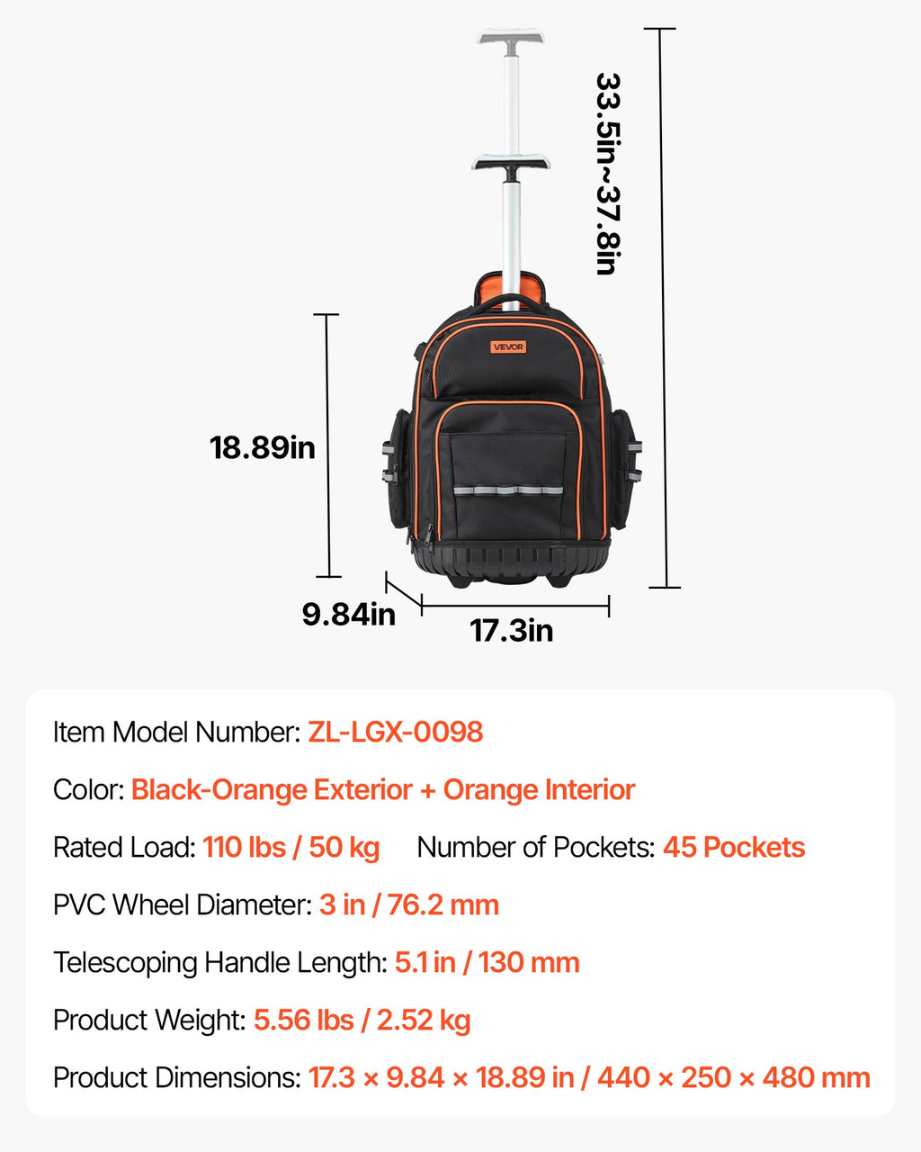 Įrankių kuprinė su ratukais VEVOR ZL-LGX-0098, 50 kg keliamoji galia