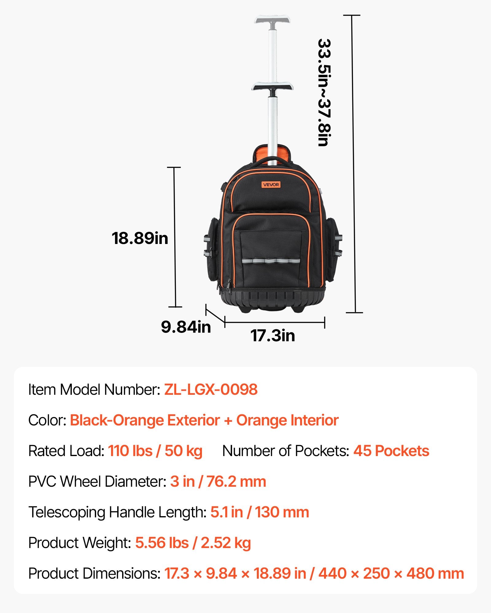 Įrankių kuprinė su ratukais VEVOR ZL-LGX-0098, 50 kg keliamoji galia