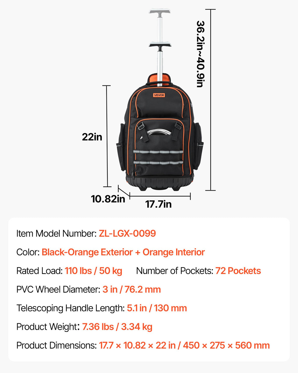 Įrankių kuprinė su ratukais VEVOR ZL-LGX-0099, 50 kg keliamoji galia