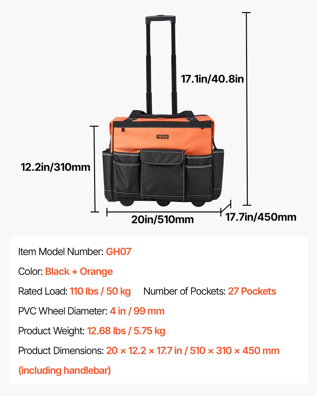 Ratukinis įrankių krepšys VEVOR GH07, 50 kg keliamoji galia