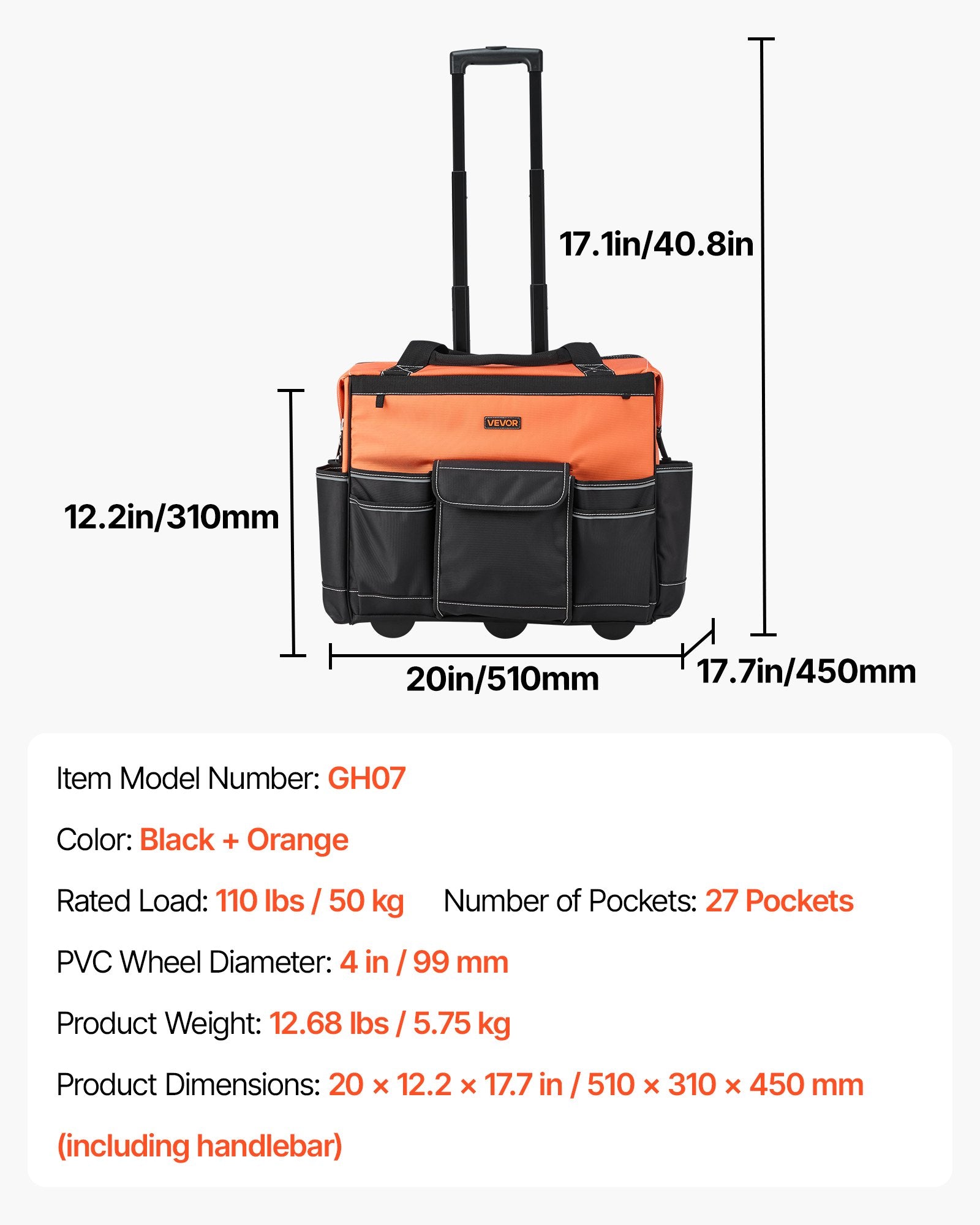 Ratukinis įrankių krepšys VEVOR GH07, 50 kg keliamoji galia