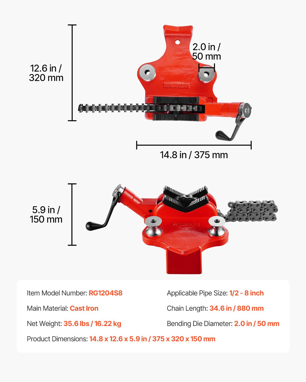 Grandininis vamzdžių spaustuvas VEVOR RG1204S8, 1/2" - 8" talpa