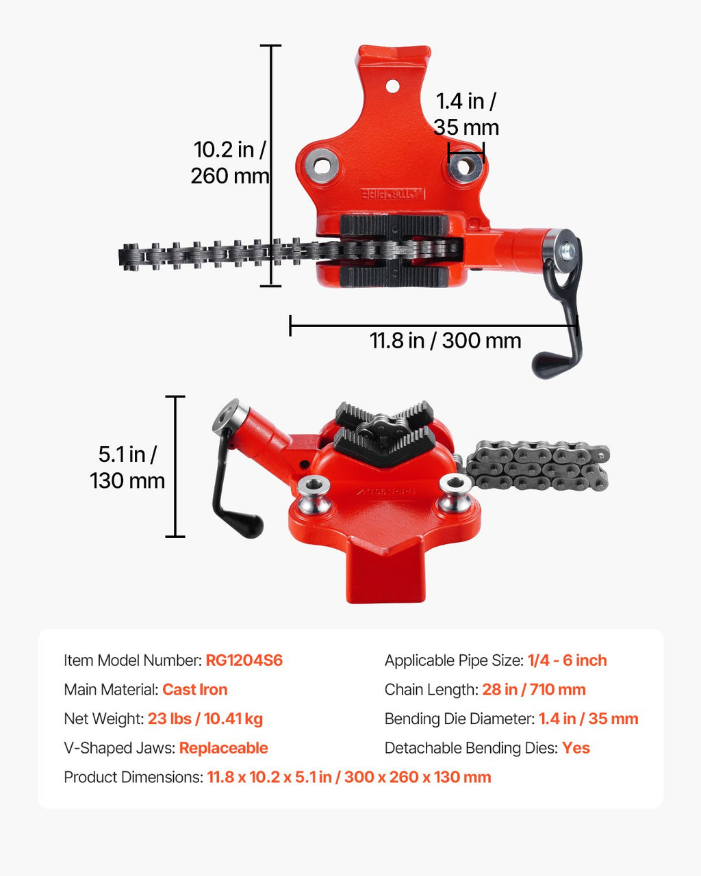 Grandininis vamzdžių spaustuvas VEVOR RG1204S6, 1/4" - 6" talpa