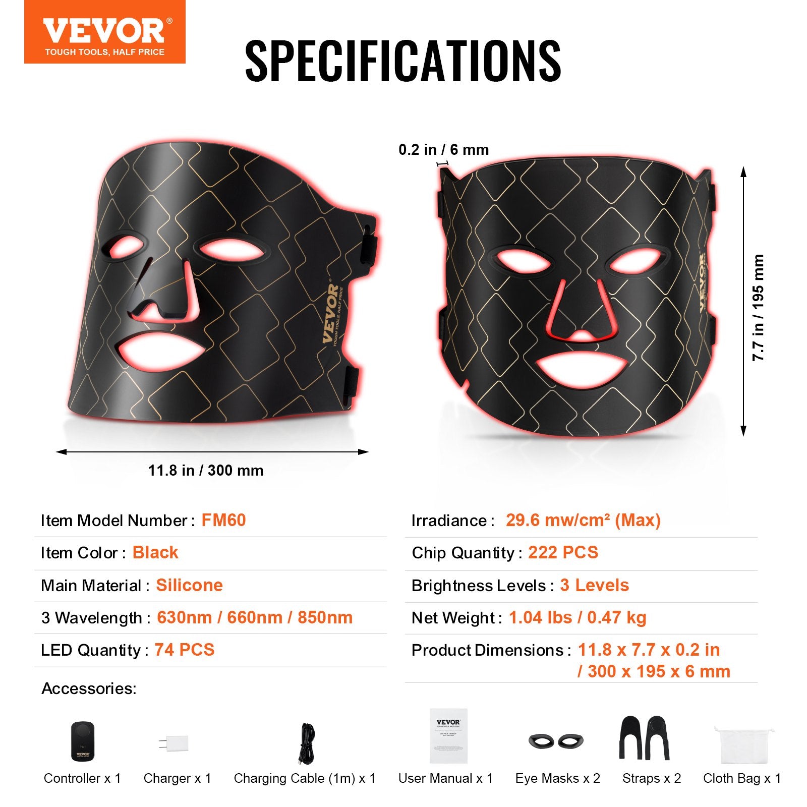 LED veido kaukė VEVOR FM60, 3 bangų ilgiai