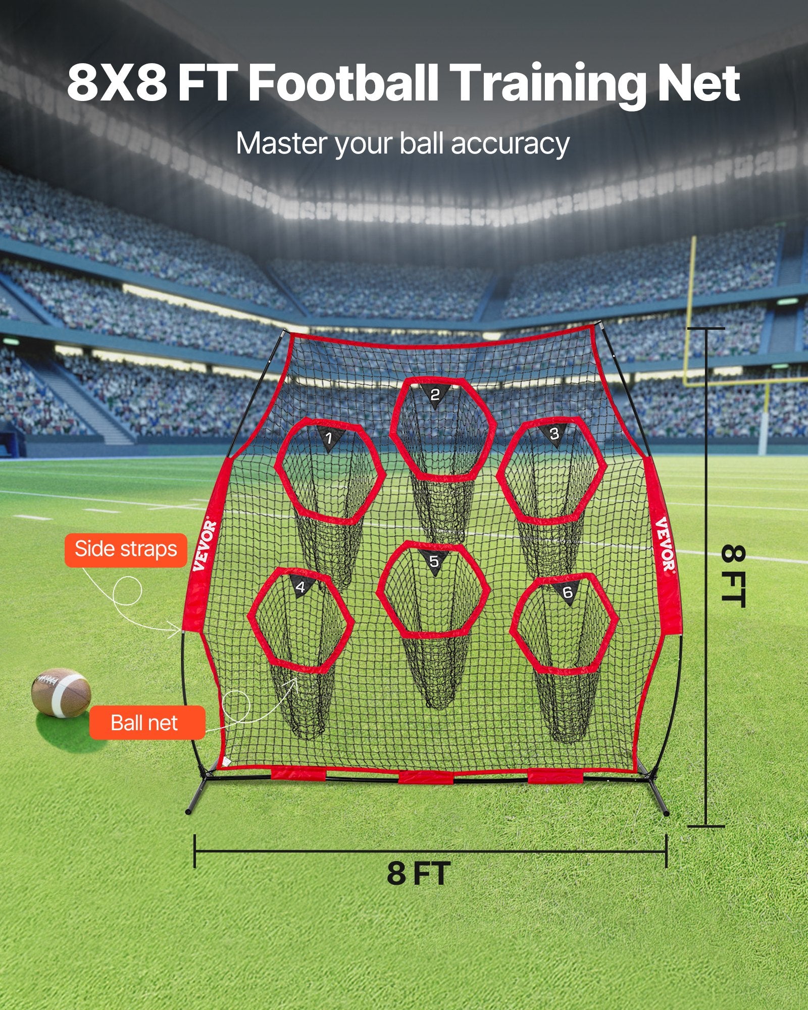 Amerikietiško futbolo treniruočių tinklas VEVOR DKS-8801R, 2,4 x 2,4 m