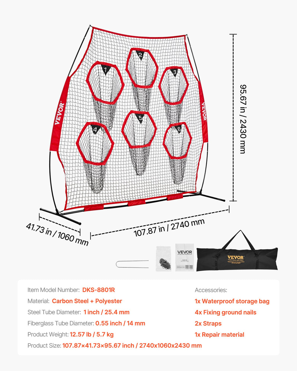 Amerikietiško futbolo treniruočių tinklas VEVOR DKS-8801R, 2,4 x 2,4 m