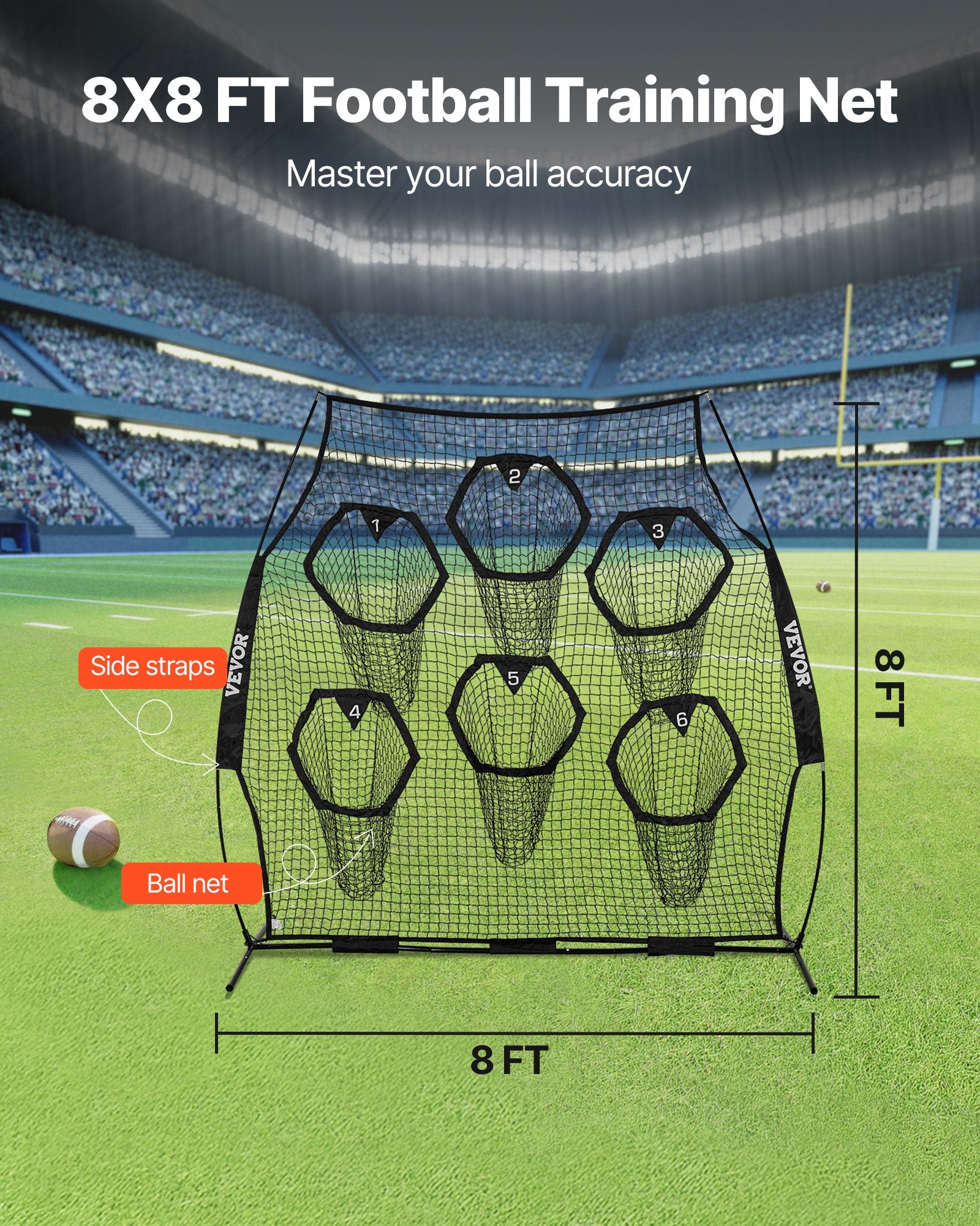Amerikietiško futbolo treniruočių tinklas VEVOR DKS-8801B, 2,4 x 2,4 m