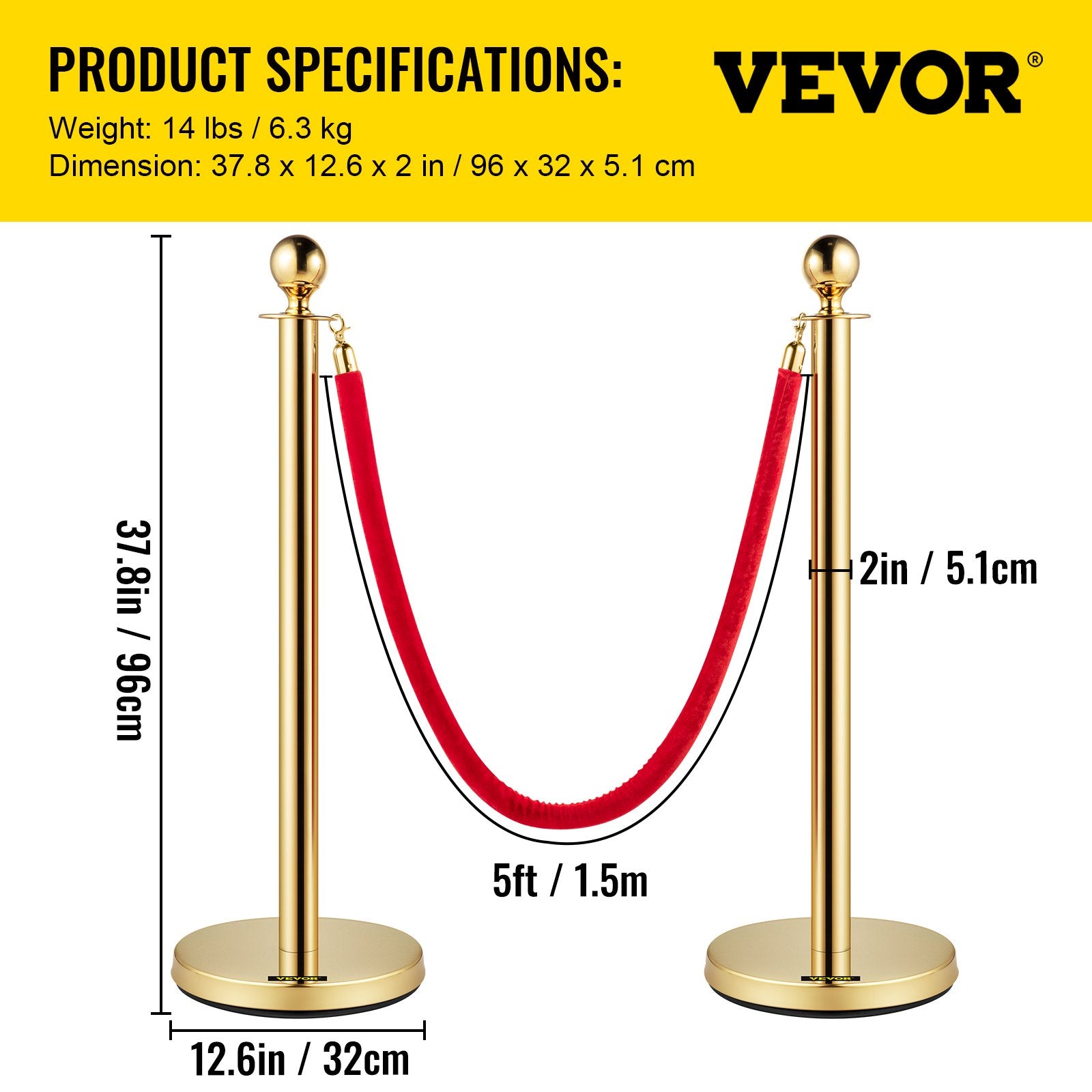 Eilių valdymo atitvarai VEVOR Gold Stanchions, 4 vnt. rinkinys