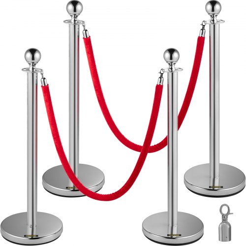 Eilių valdymo atitvarai VEVOR Silver Stanchions 4Pcs, 1,5 m raudona virvė