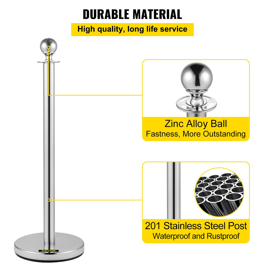 Eilių valdymo atitvarai VEVOR Silver Stanchions 4Pcs, 1,5 m raudona virvė