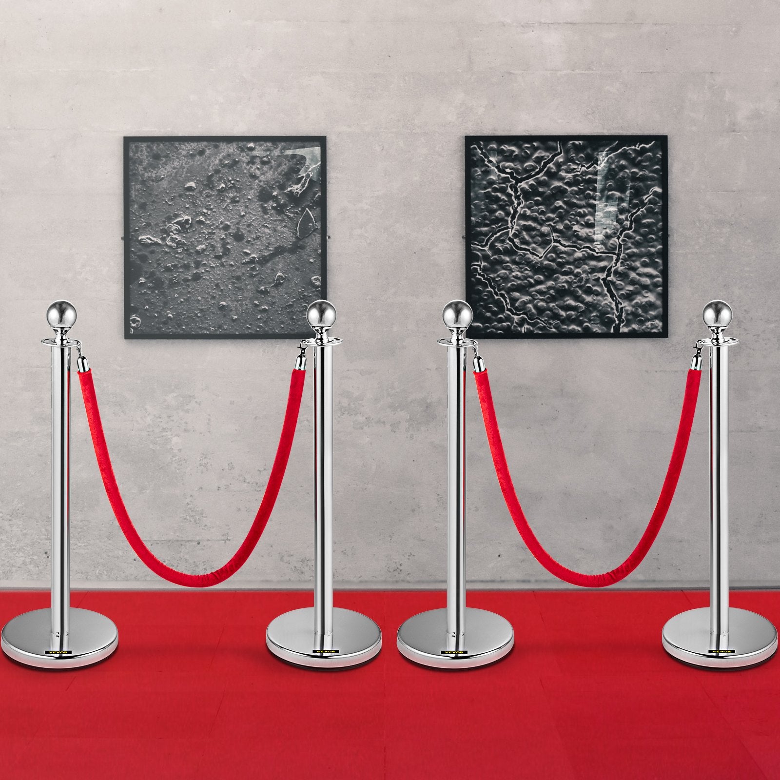 Eilių valdymo atitvarai VEVOR Silver Stanchions 4Pcs, 1,5 m raudona virvė